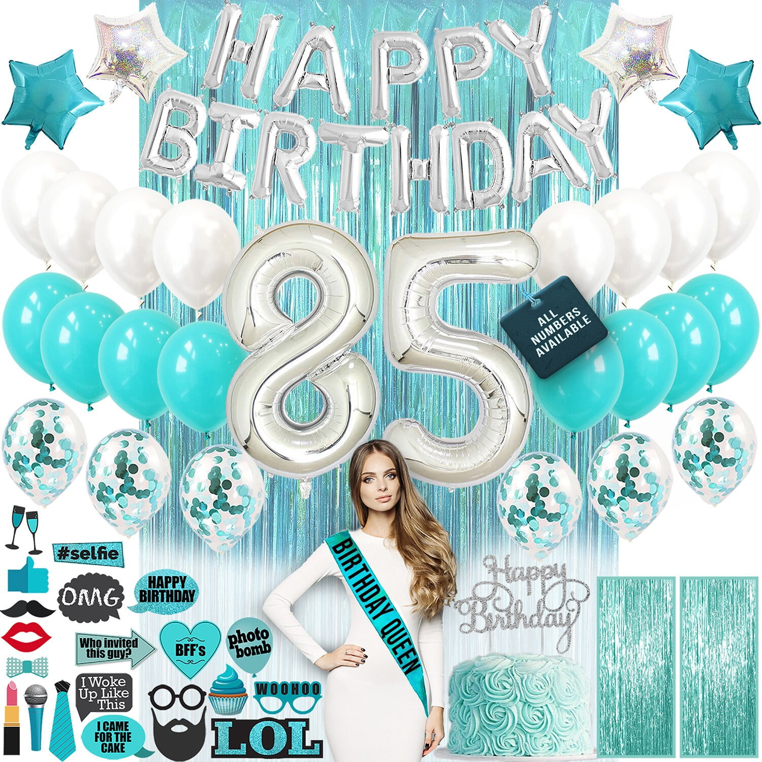 85th Birthday Decorations, 85th Birthday Party Supplies, 85th Birthday Banner Teal Green, Confetti Balloons Her, 85 Cake Topper, 85th Gifts - Walmart.com